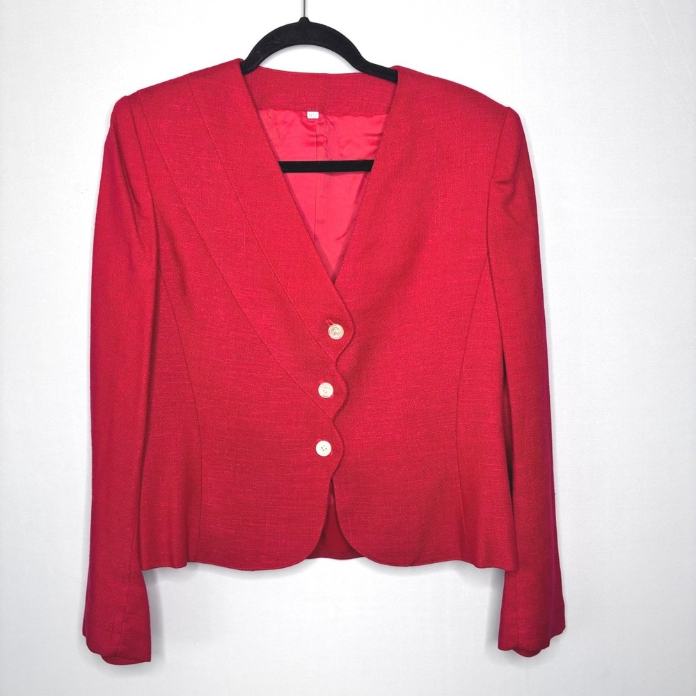 Vintage 80s Peabody House‎ Blazer Size S Scallop Front Pearl Button Cherry Red